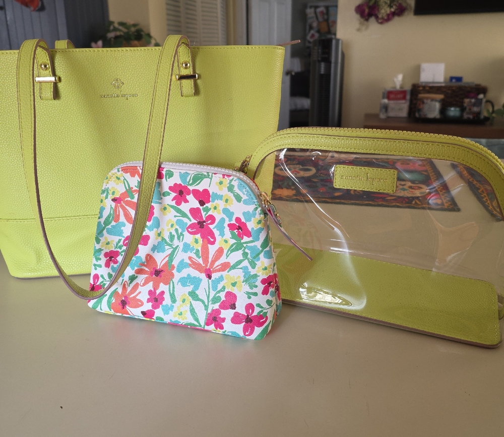 Nanette Lepore Bright Green Tote with Floral and Clear Pouches